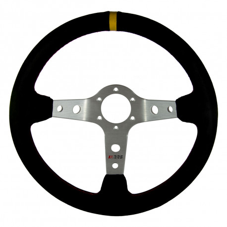 Kormányok 3 küllős sportkormány RRS Corsa, 350mm, velúr, 90mm mélység, fekete/ezüst/sárga | race-shop.hu