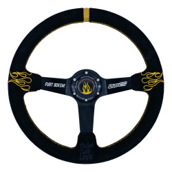 3 küllős sportkormány RACES RACESxFurtBokem Fire, 350mm, velúr, 90mm mélység, fekete/sárga