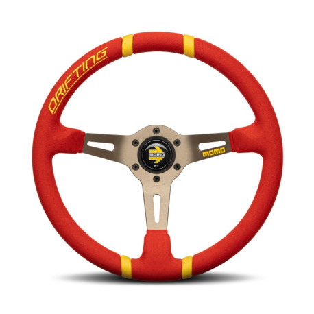 Kormányok 3 küllős sportkormány MOMO DRIFTING, 350mm, velúr, 90mm mélység, piros/szürke/sárga | race-shop.hu