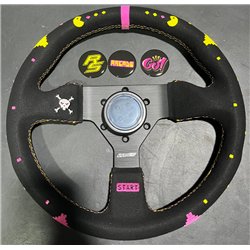 3 spoke steering wheel RACES Arcade, 315mm, microfiber suede, 40mm offset, black/pink/yellow