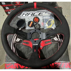 3 spoke steering wheel RACES Profondo, 350mm, microfiber suede, 97mm offset, black/red