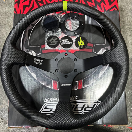 Kormányok 3 spoke steering wheel RACES Street Vibes, 350mm, carbon-look leatherette, 97mm offset, black/neon green | race-shop.hu