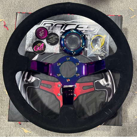 Kormányok 3 küllős sportkormány RACES Iridio, 350mm, velúr, 90mm mélység, fekete/neokróm | race-shop.hu