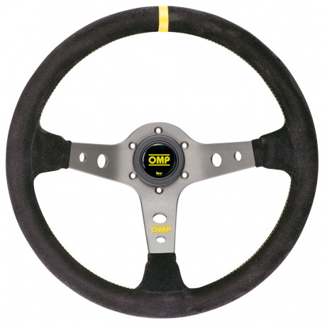 Kormányok 3 küllős sportkormány OMP Corsica, 350mm, velúr, 95mm mélység, fekete/sárga/ezüst | race-shop.hu