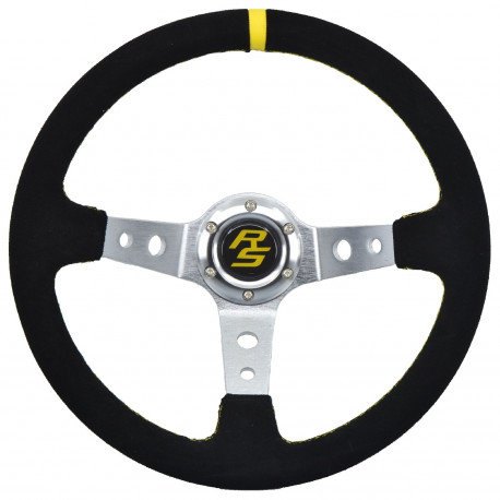 Kormányok 3 küllős sportkormány RACES Corsa, 350mm, velúr, 90mm mélység, fekete/ezüst/sárga | race-shop.hu