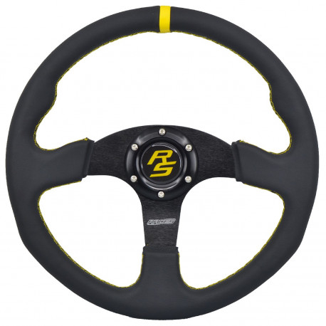 Kormányok 3 küllős sportkormány RACES Strada, 350mm, műbőr, mélység nélkül, fekete/sárga | race-shop.hu