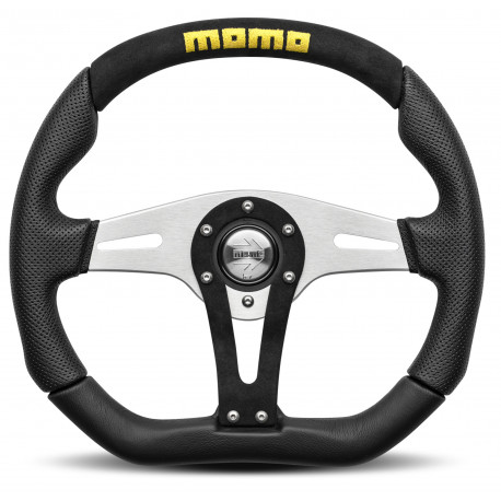 Kormányok 3 küllős sportkormány MOMO TREK, 350mm, velúr, 40mm mélység, fekete/ezüst/sárga | race-shop.hu