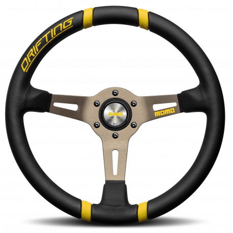 Kormányok 3 küllős sportkormány MOMO DRIFTING, 350mm, bőr, 90mm mélység, fekete/szürke/sárga | race-shop.hu