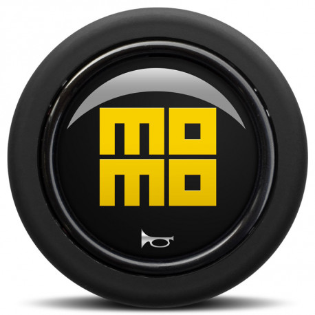 Univerzális és lekapcsolható agyak MOMO Kürt gomb - fényes fekete sárga heritage logó 2CCR - kerek peremmel | race-shop.hu