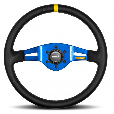 Kormányok 2 küllős sportkormány MOMO MOD.03, 350mm, bőr, 87mm mélység, fekete/kék/sárga | race-shop.hu